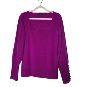 Boston Proper 100%Cashmere Sweater Magenta Square Neck Button Cuff Purple Size M